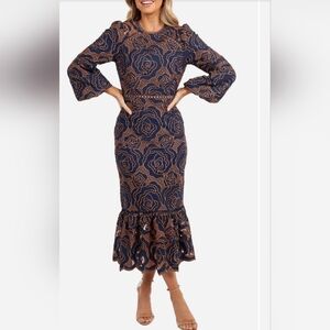 Petal & Pup Pierre Floral Long Sleeve Navy and Brown Lace Dress. NWOT
